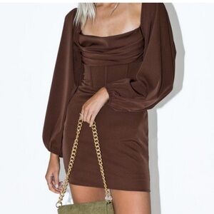 PRINCESS POLLY LILLIE LONG SLEEVE MINI DRESS BROWN
